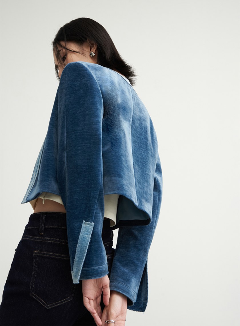 絨面無領雙色短版長袖外套